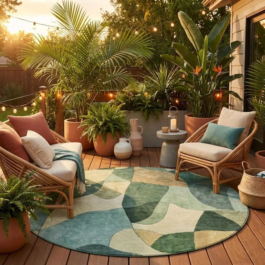 8' Green And Beige Round Abstract Washable Indoor Outdoor Area Rug Homeroots Outdoor