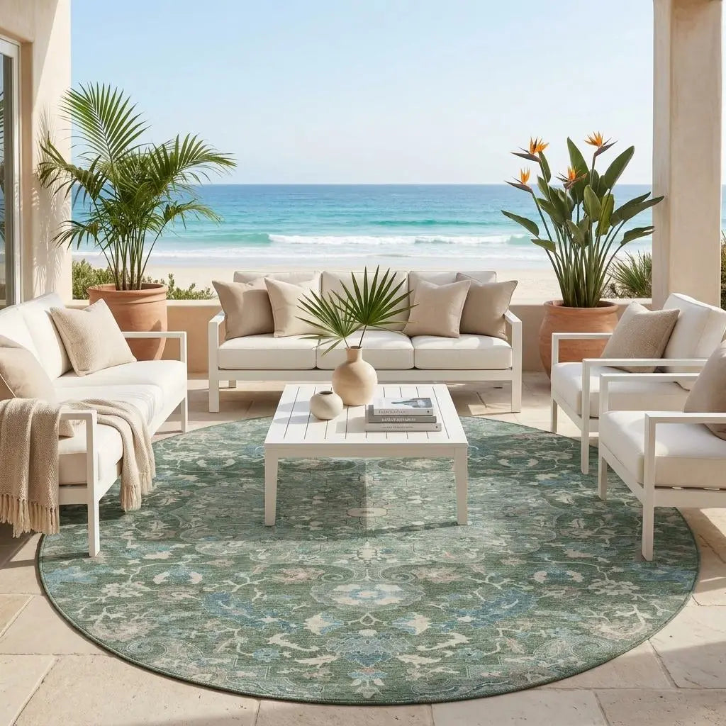 8' Green And Beige Round Floral Medallion Washable Indoor Outdoor Area Rug Homeroots Outdoor