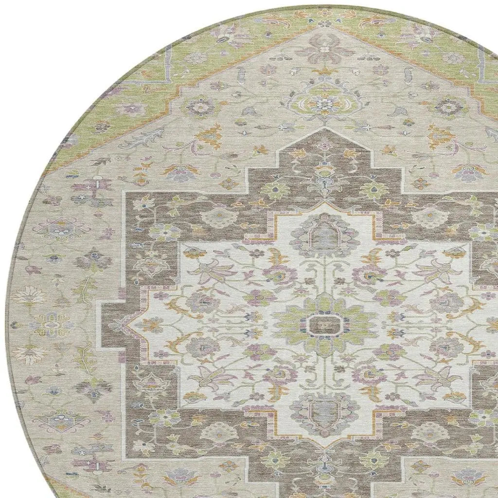 8' Green And Beige Round Floral Medallion Washable Indoor Outdoor Area Rug Homeroots Outdoor