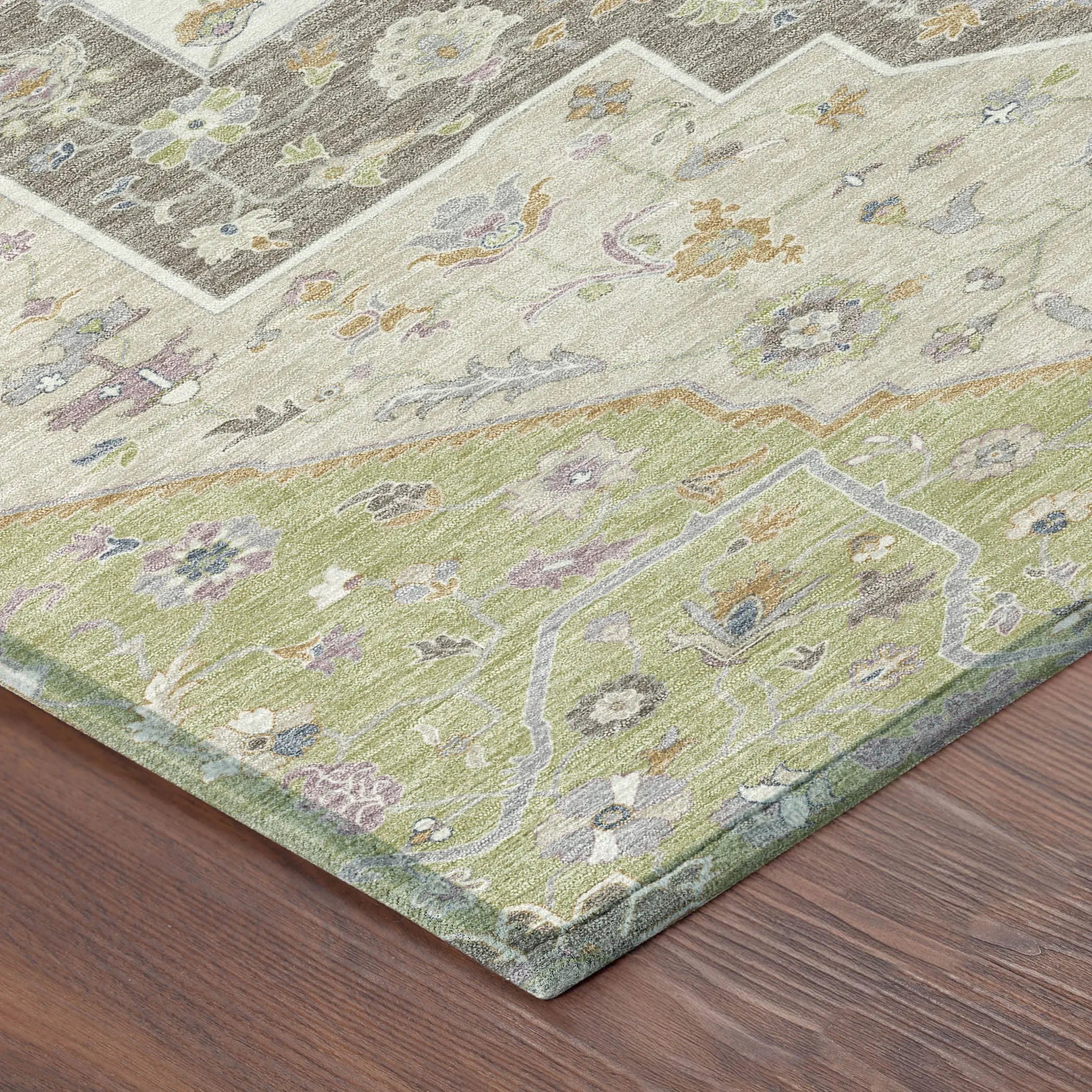 8' Green And Beige Round Floral Medallion Washable Indoor Outdoor Area Rug Homeroots Outdoor