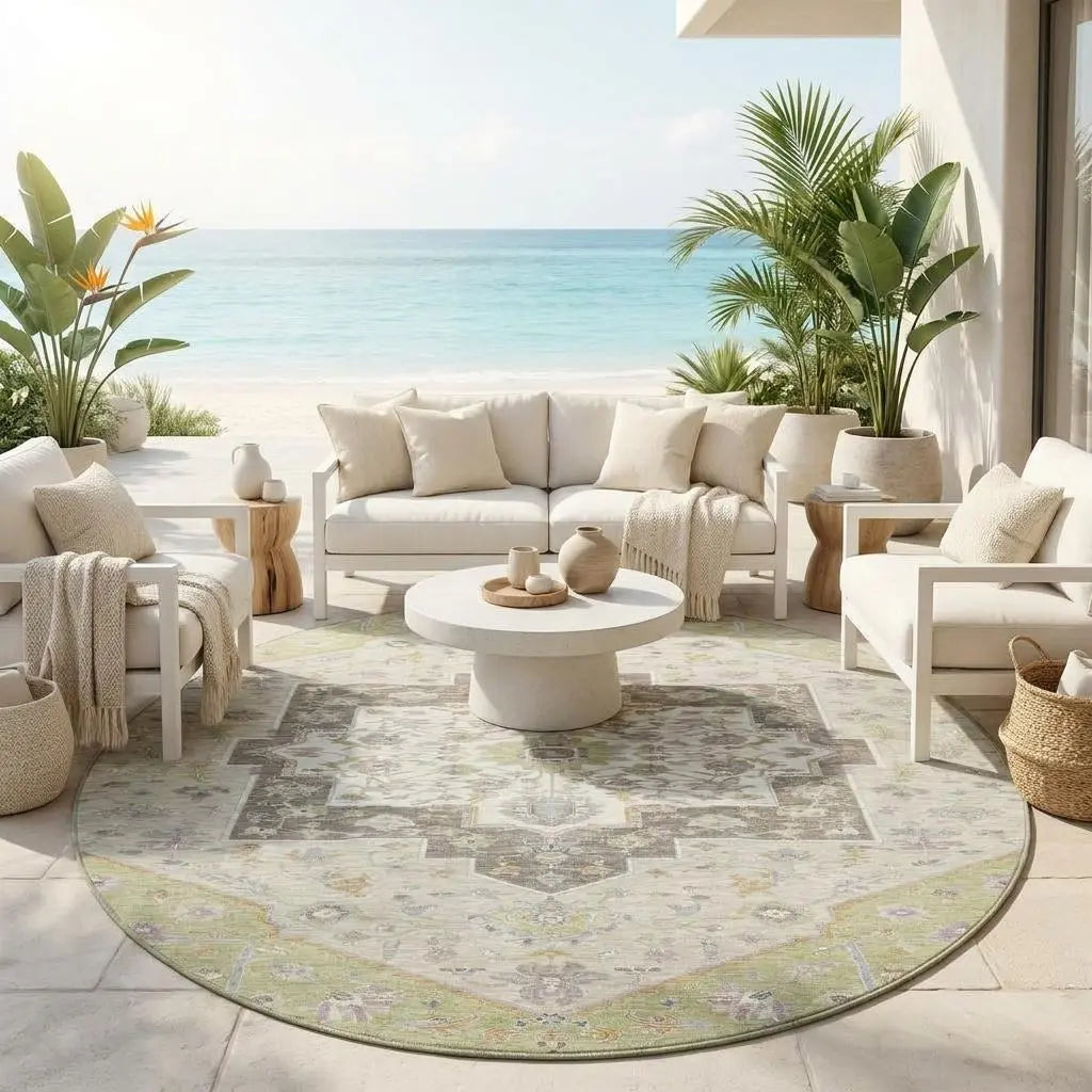 8' Green And Beige Round Floral Medallion Washable Indoor Outdoor Area Rug Homeroots Outdoor
