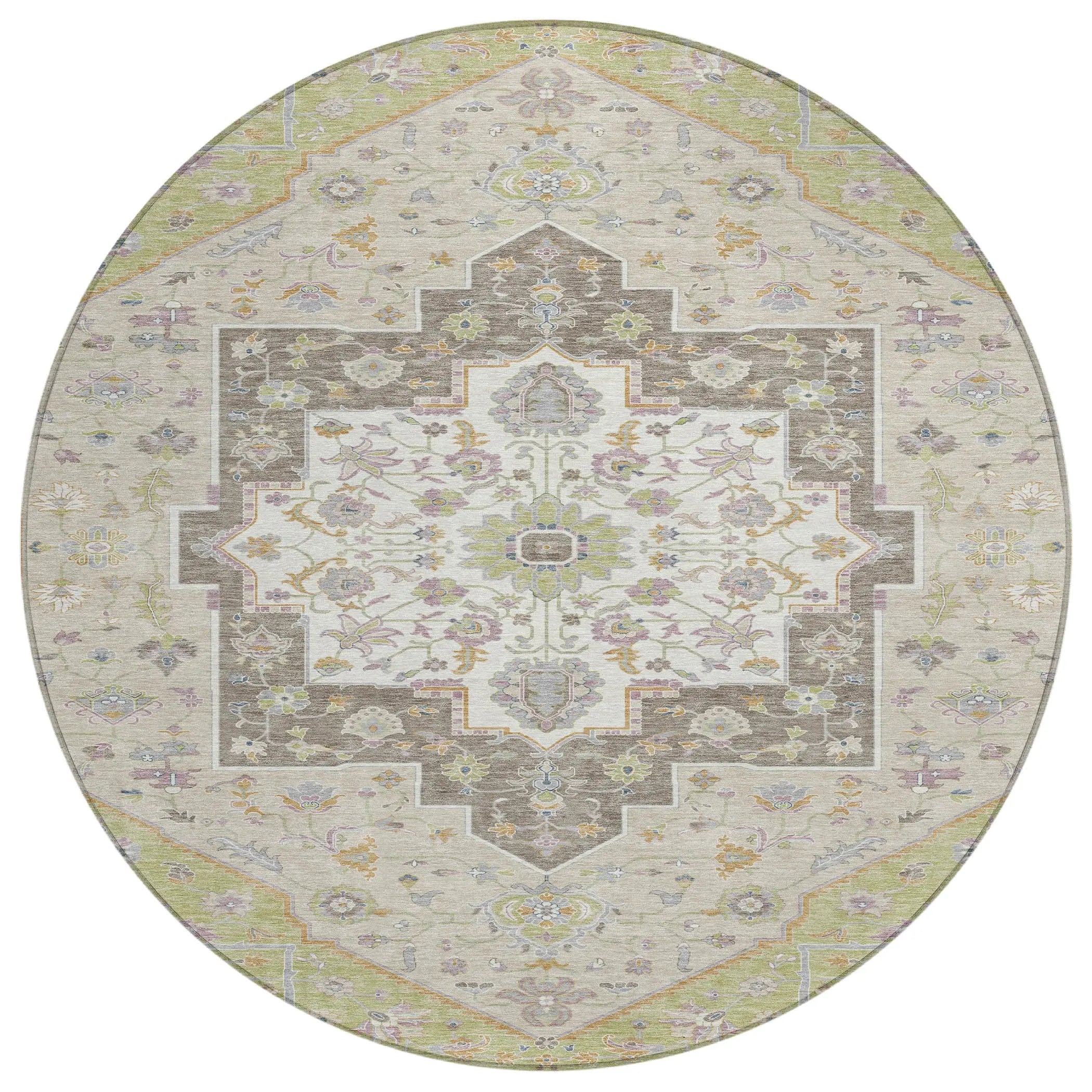 8' Green And Beige Round Floral Medallion Washable Indoor Outdoor Area Rug Homeroots Outdoor