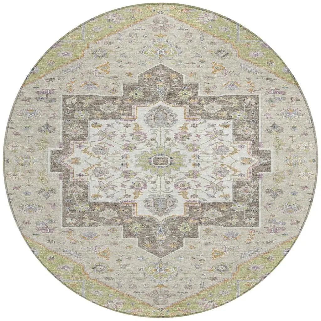8' Green And Beige Round Floral Medallion Washable Indoor Outdoor Area Rug Homeroots Outdoor