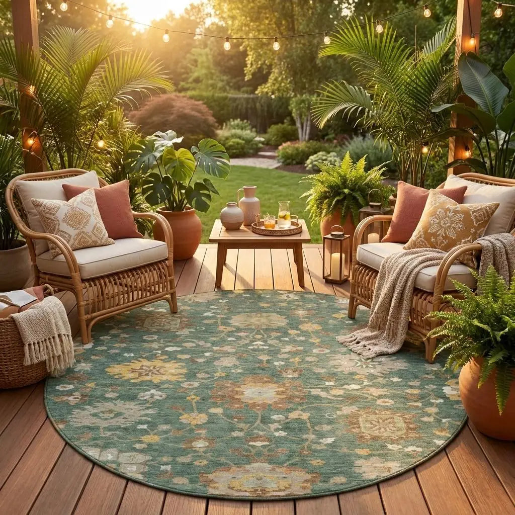 8' Green And Beige Round Floral Washable Indoor Outdoor Area Rug Homeroots Outdoor