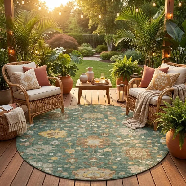 8' Green And Beige Round Floral Washable Indoor Outdoor Area Rug Homeroots Outdoor