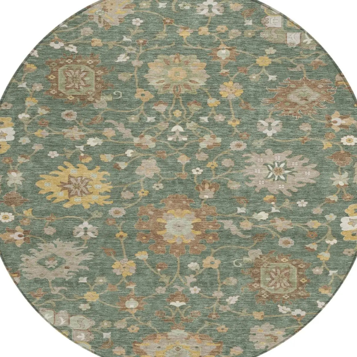 8' Green And Beige Round Floral Washable Indoor Outdoor Area Rug Homeroots Outdoor