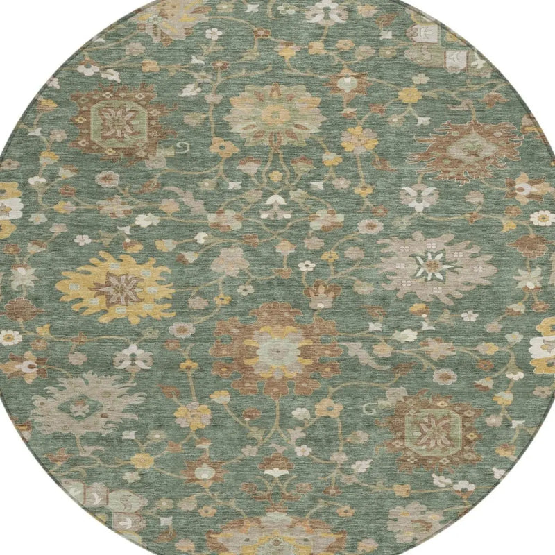 8' Green And Beige Round Floral Washable Indoor Outdoor Area Rug Homeroots Outdoor