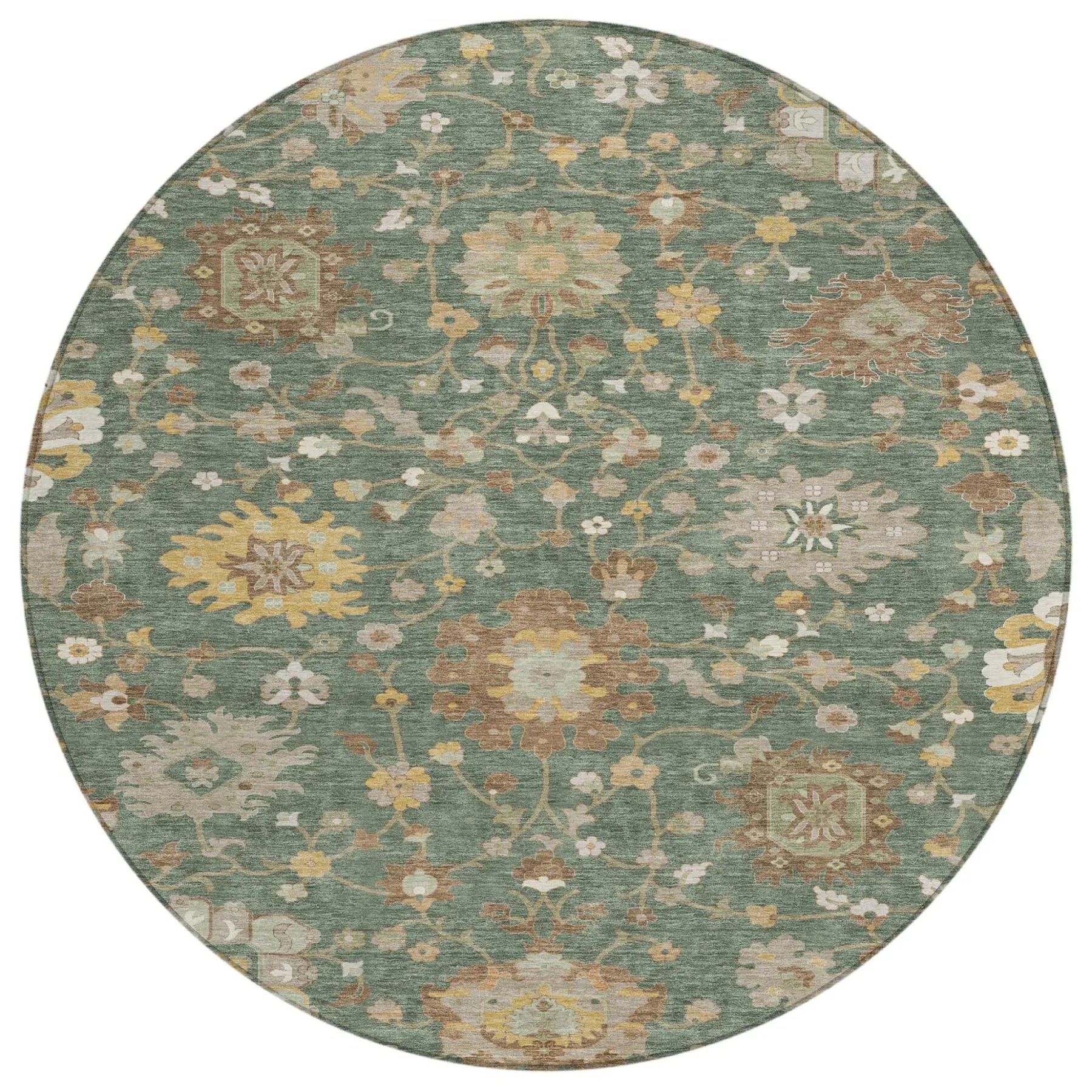 8' Green And Beige Round Floral Washable Indoor Outdoor Area Rug Homeroots Outdoor