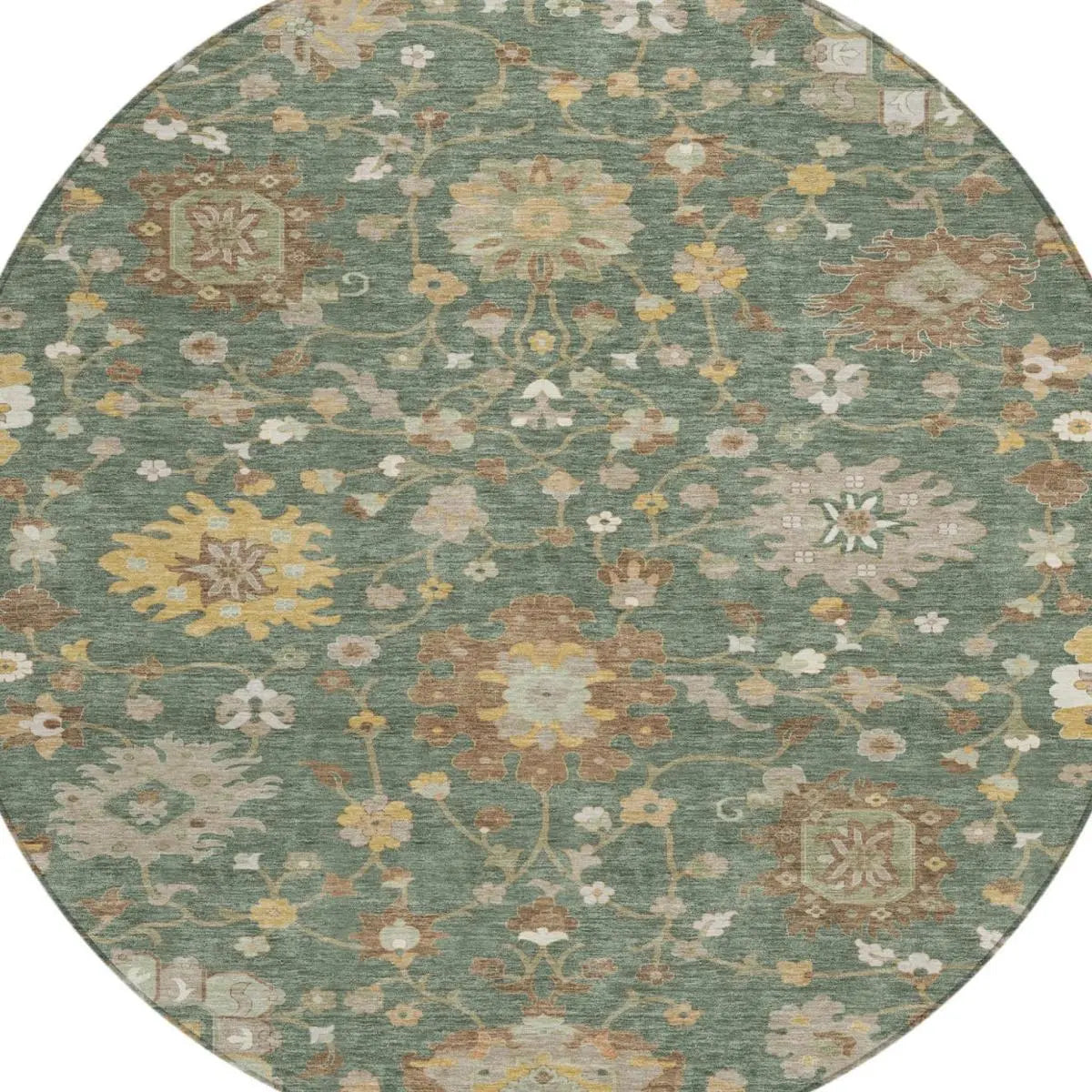 8' Green And Beige Round Floral Washable Indoor Outdoor Area Rug Homeroots Outdoor