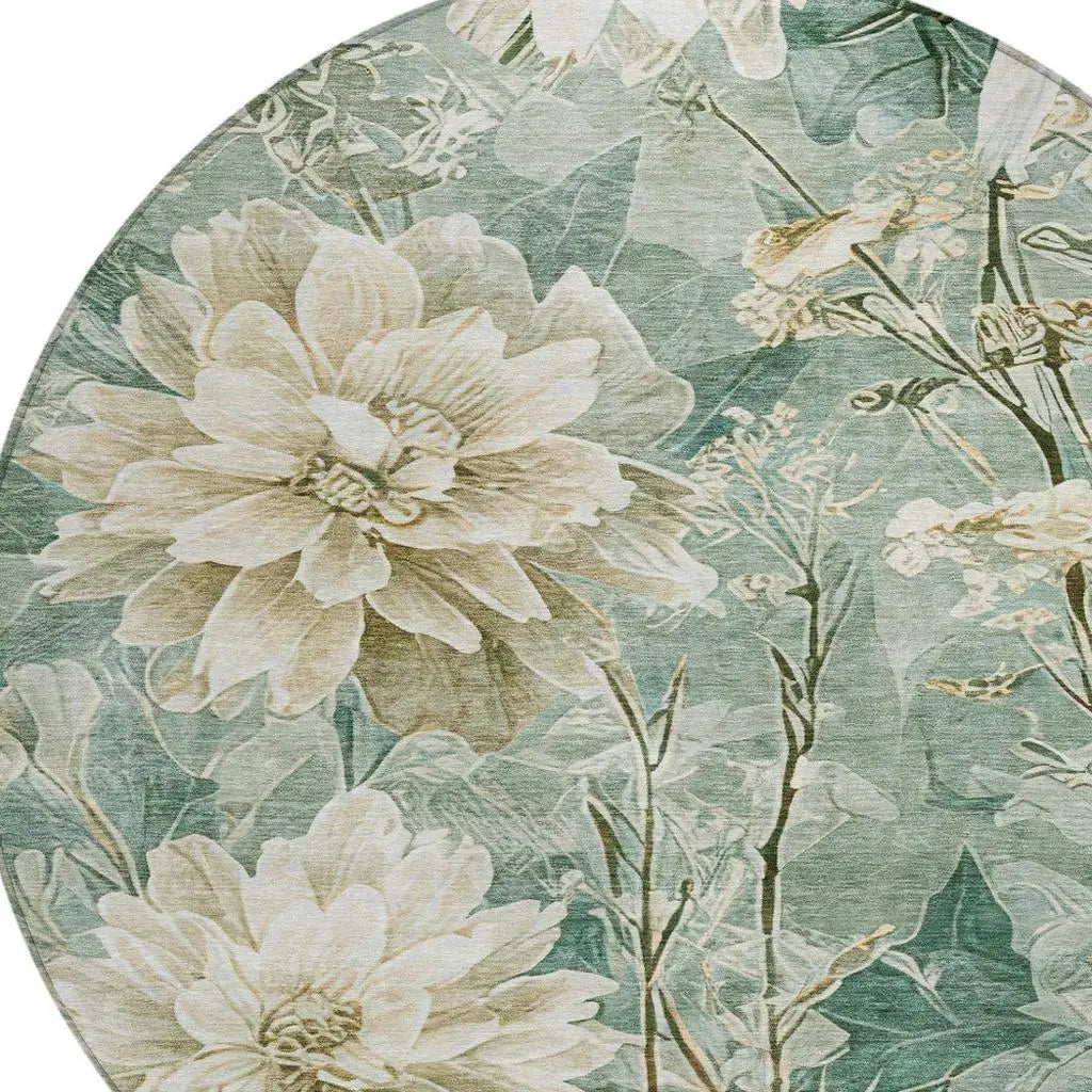 8' Green And Beige Round Floral Washable Indoor Outdoor Area Rug Homeroots Outdoor