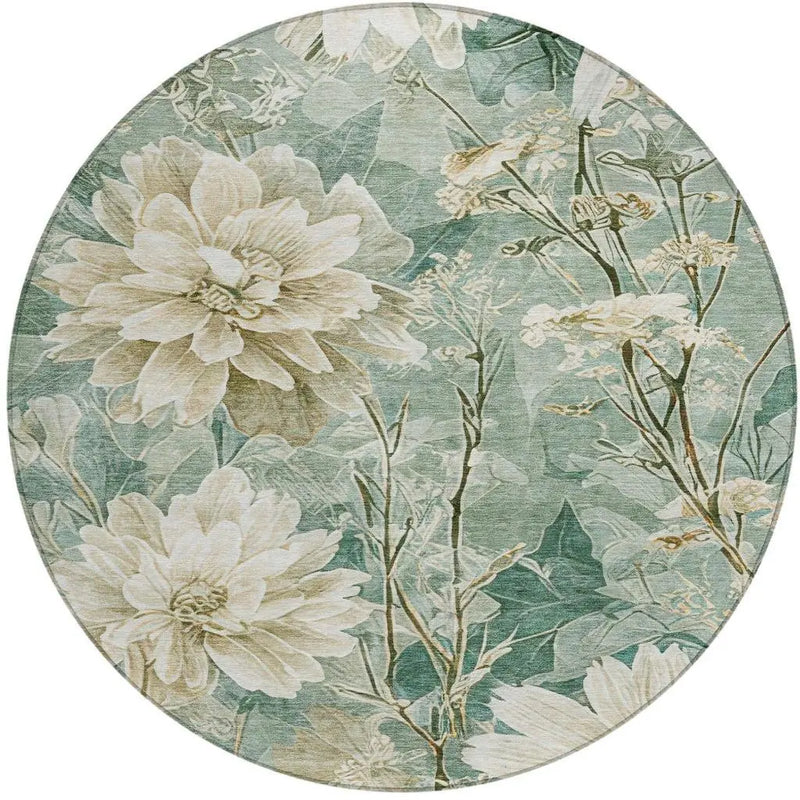 8' Green And Beige Round Floral Washable Indoor Outdoor Area Rug Homeroots Outdoor