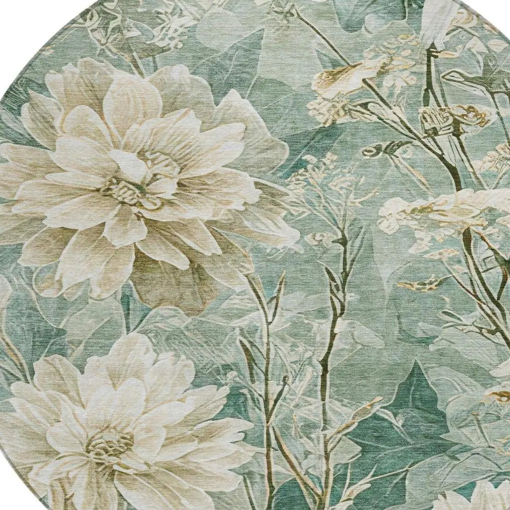 8' Green And Beige Round Floral Washable Indoor Outdoor Area Rug Homeroots Outdoor