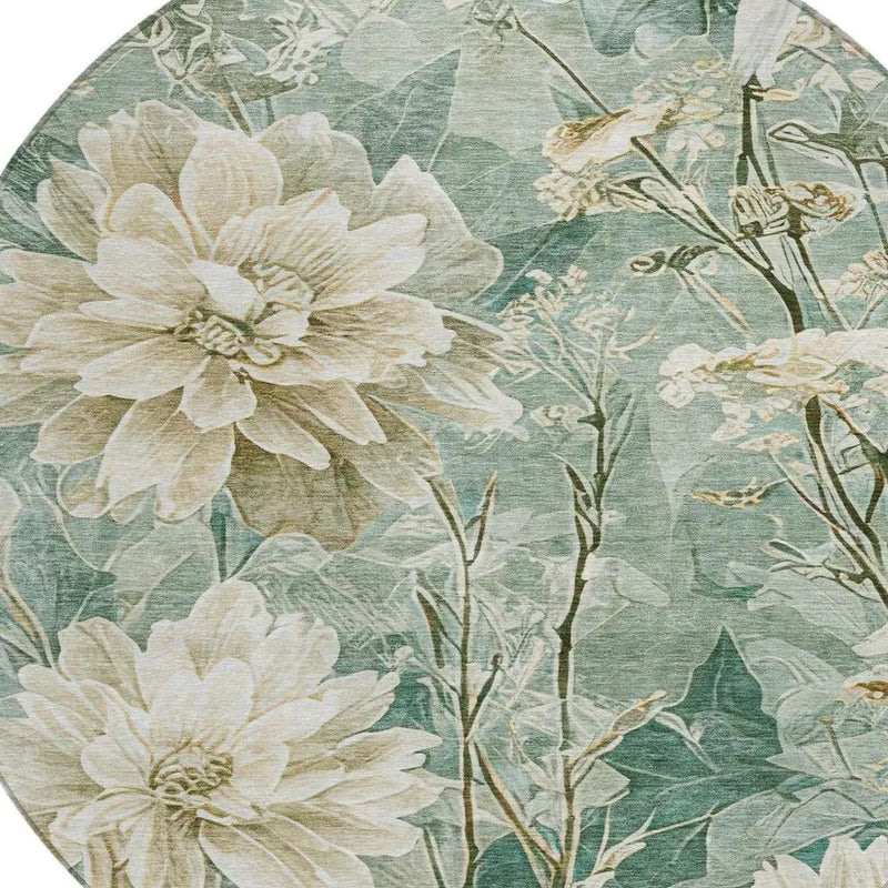8' Green And Beige Round Floral Washable Indoor Outdoor Area Rug Homeroots Outdoor