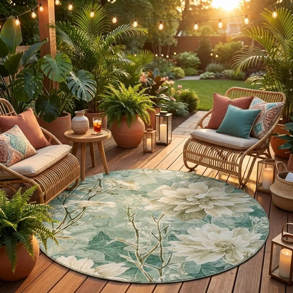 8' Green And Beige Round Floral Washable Indoor Outdoor Area Rug Homeroots Outdoor