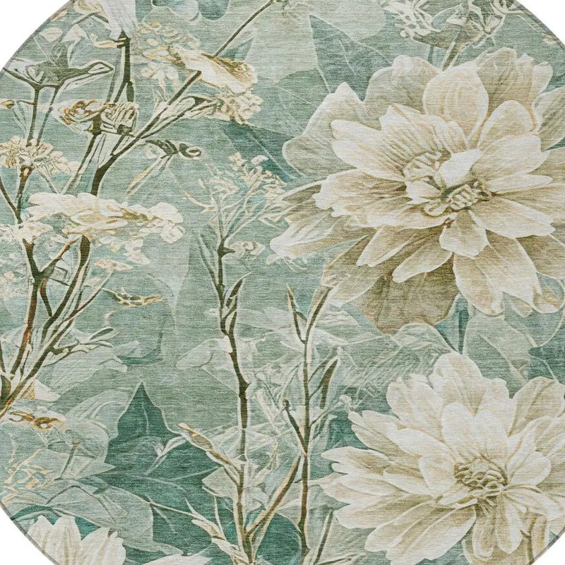 8' Green And Beige Round Floral Washable Indoor Outdoor Area Rug Homeroots Outdoor