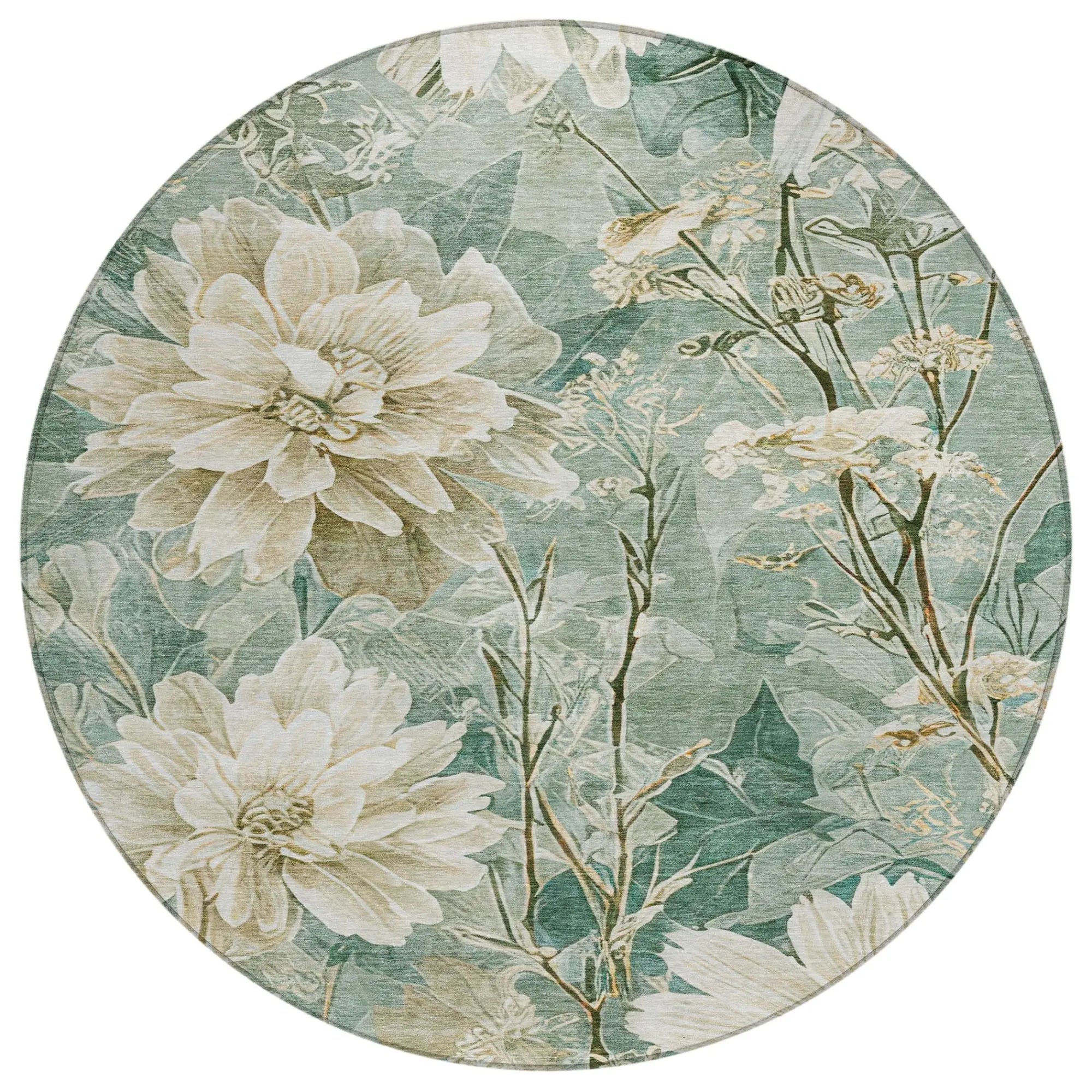 8' Green And Beige Round Floral Washable Indoor Outdoor Area Rug Homeroots Outdoor