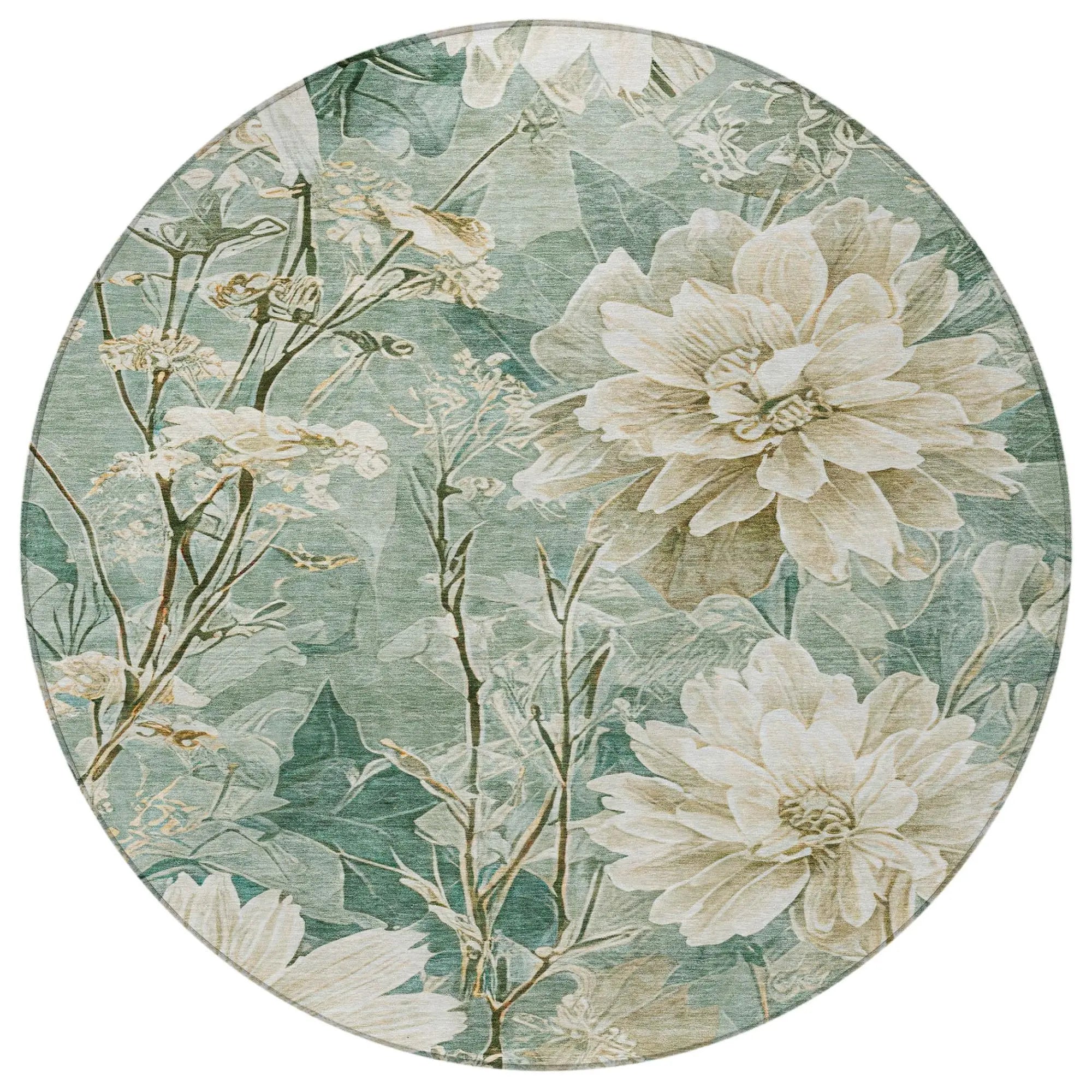 8' Green And Beige Round Floral Washable Indoor Outdoor Area Rug Homeroots Outdoor