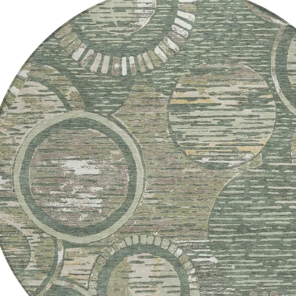 8' Green And Beige Round Geometric Washable Indoor Outdoor Area Rug Homeroots Outdoor