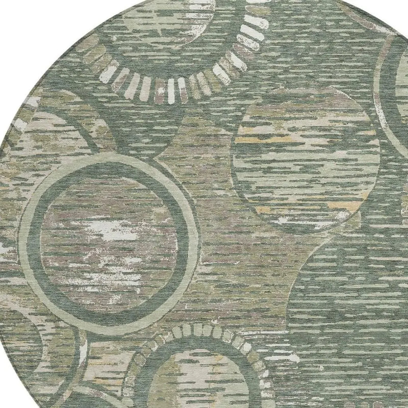 8' Green And Beige Round Geometric Washable Indoor Outdoor Area Rug Homeroots Outdoor