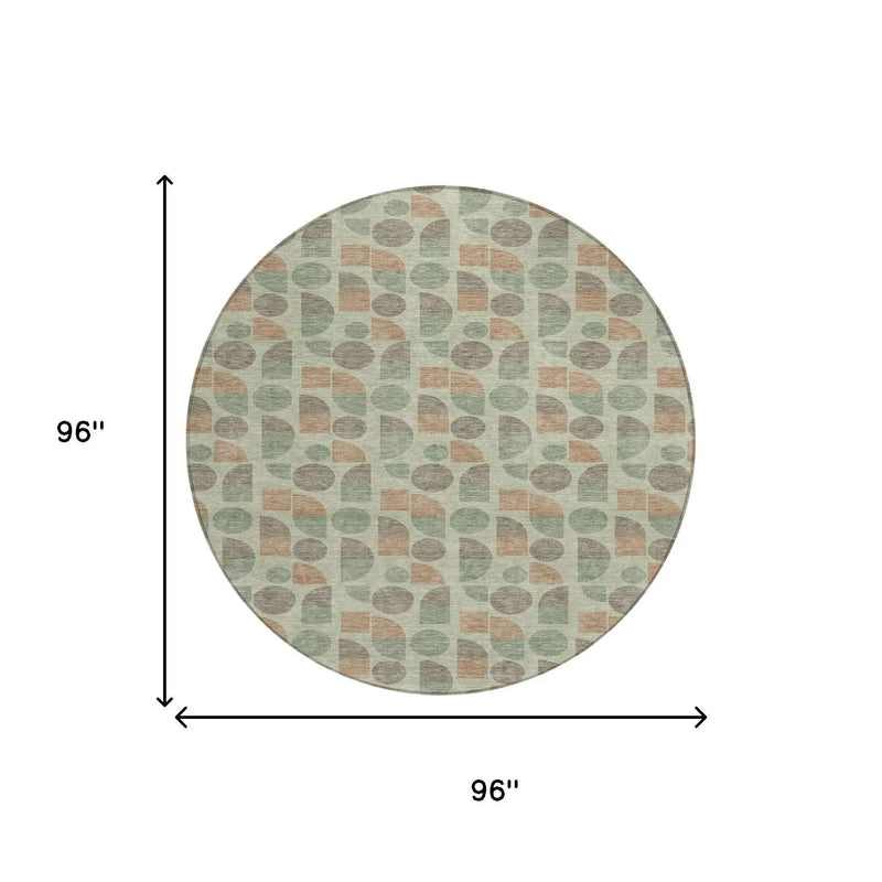 8' Green And Beige Round Geometric Washable Indoor Outdoor Area Rug Homeroots Outdoor