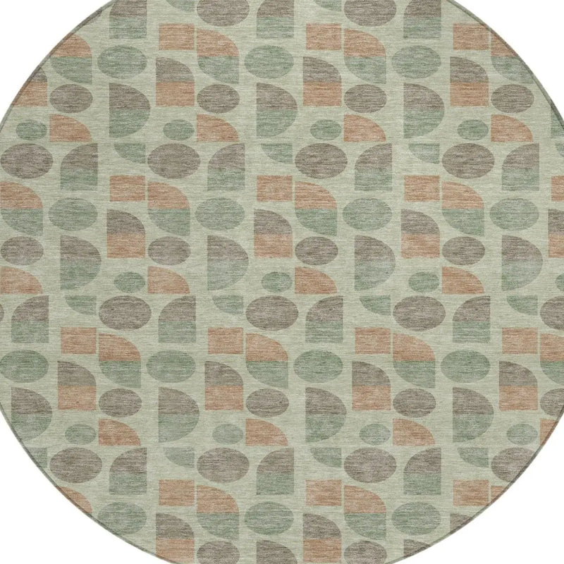 8' Green And Beige Round Geometric Washable Indoor Outdoor Area Rug Homeroots Outdoor