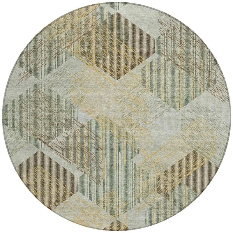 8' Green And Beige Round Geometric Washable Indoor Outdoor Area Rug Homeroots Outdoor