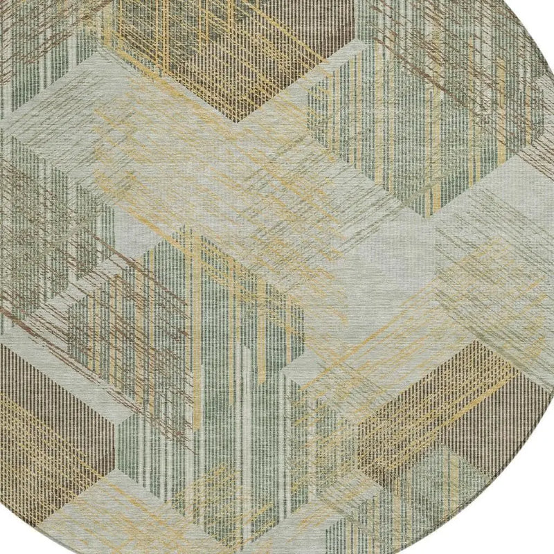 8' Green And Beige Round Geometric Washable Indoor Outdoor Area Rug Homeroots Outdoor