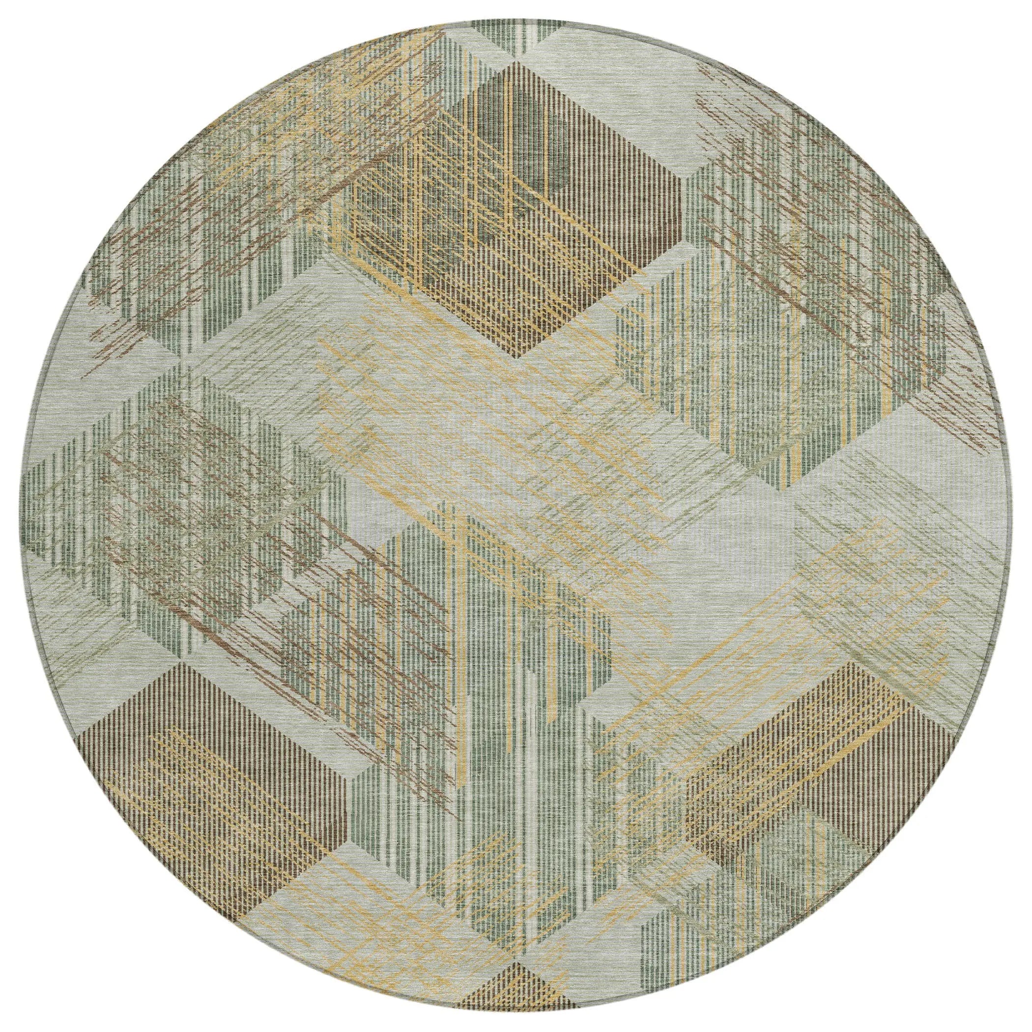 8' Green And Beige Round Geometric Washable Indoor Outdoor Area Rug Homeroots Outdoor