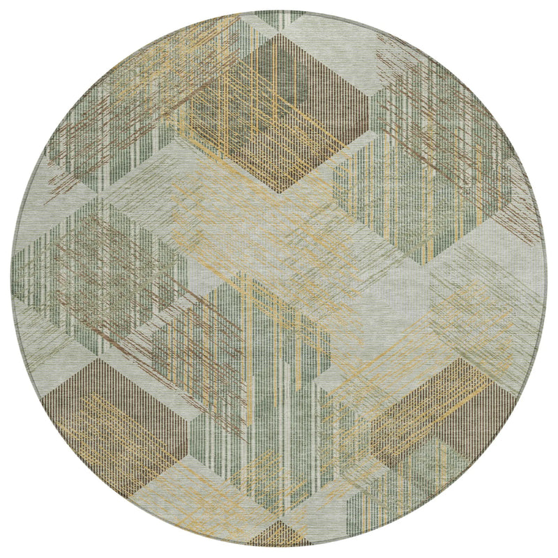 8' Green And Beige Round Geometric Washable Indoor Outdoor Area Rug Homeroots Outdoor