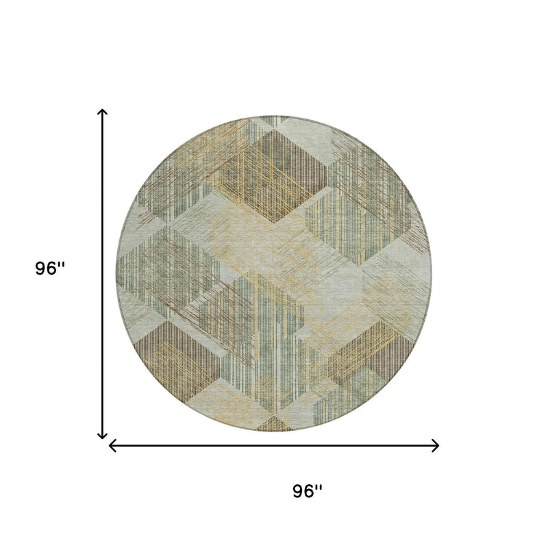 8' Green And Beige Round Geometric Washable Indoor Outdoor Area Rug Homeroots Outdoor