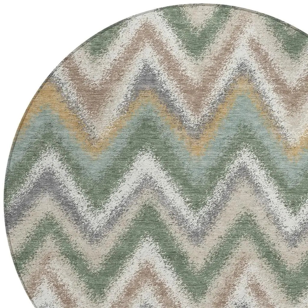8' Green And Beige Round Geometric Washable Indoor Outdoor Area Rug Homeroots Outdoor