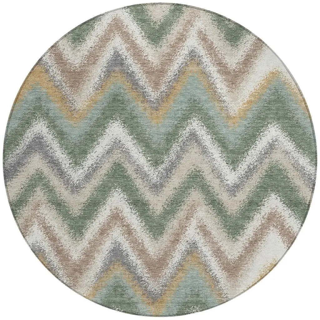 8' Green And Beige Round Geometric Washable Indoor Outdoor Area Rug Homeroots Outdoor