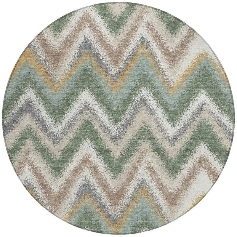 8' Green And Beige Round Geometric Washable Indoor Outdoor Area Rug Homeroots Outdoor