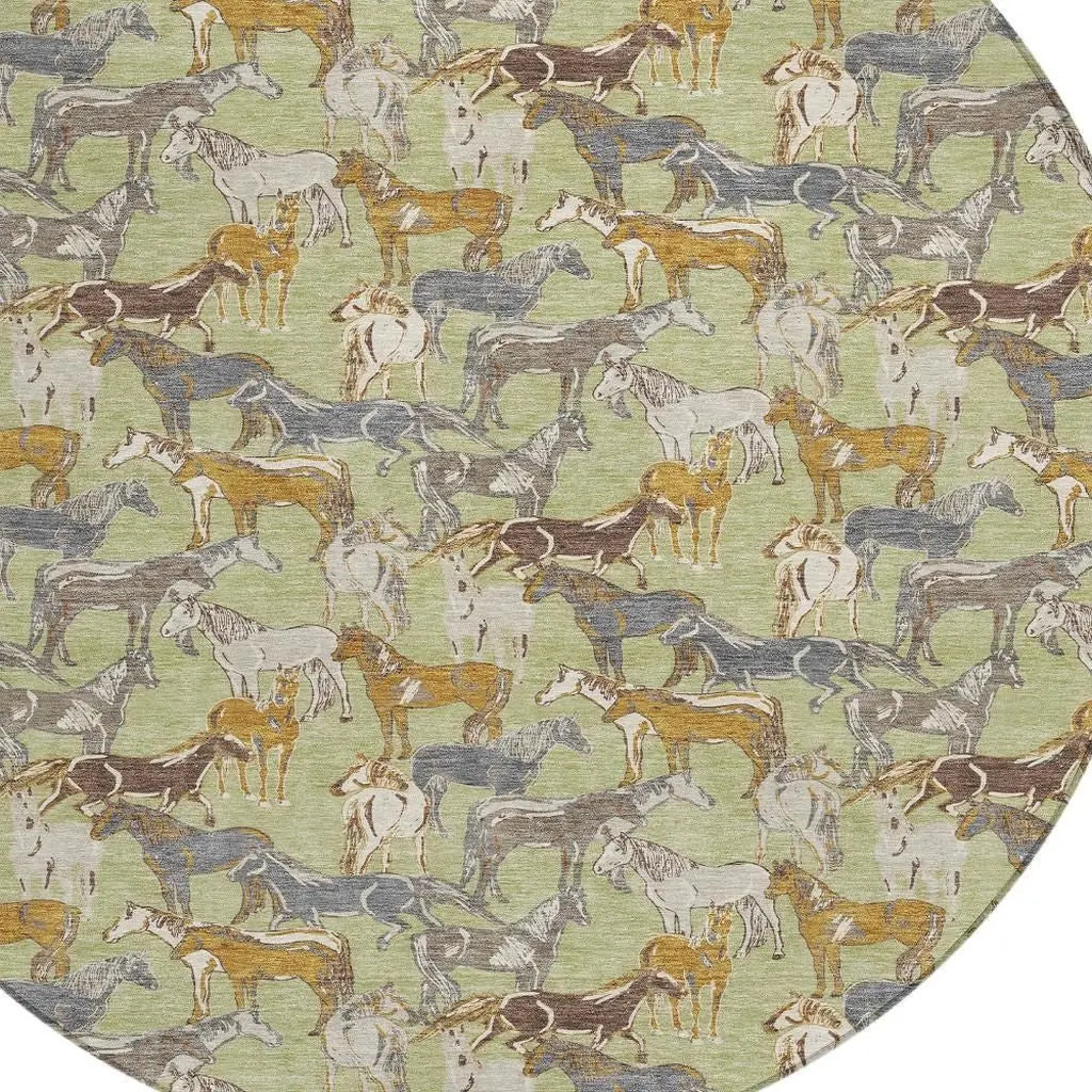 8' Green And Beige Round Horse Washable Indoor Outdoor Area Rug Homeroots Outdoor