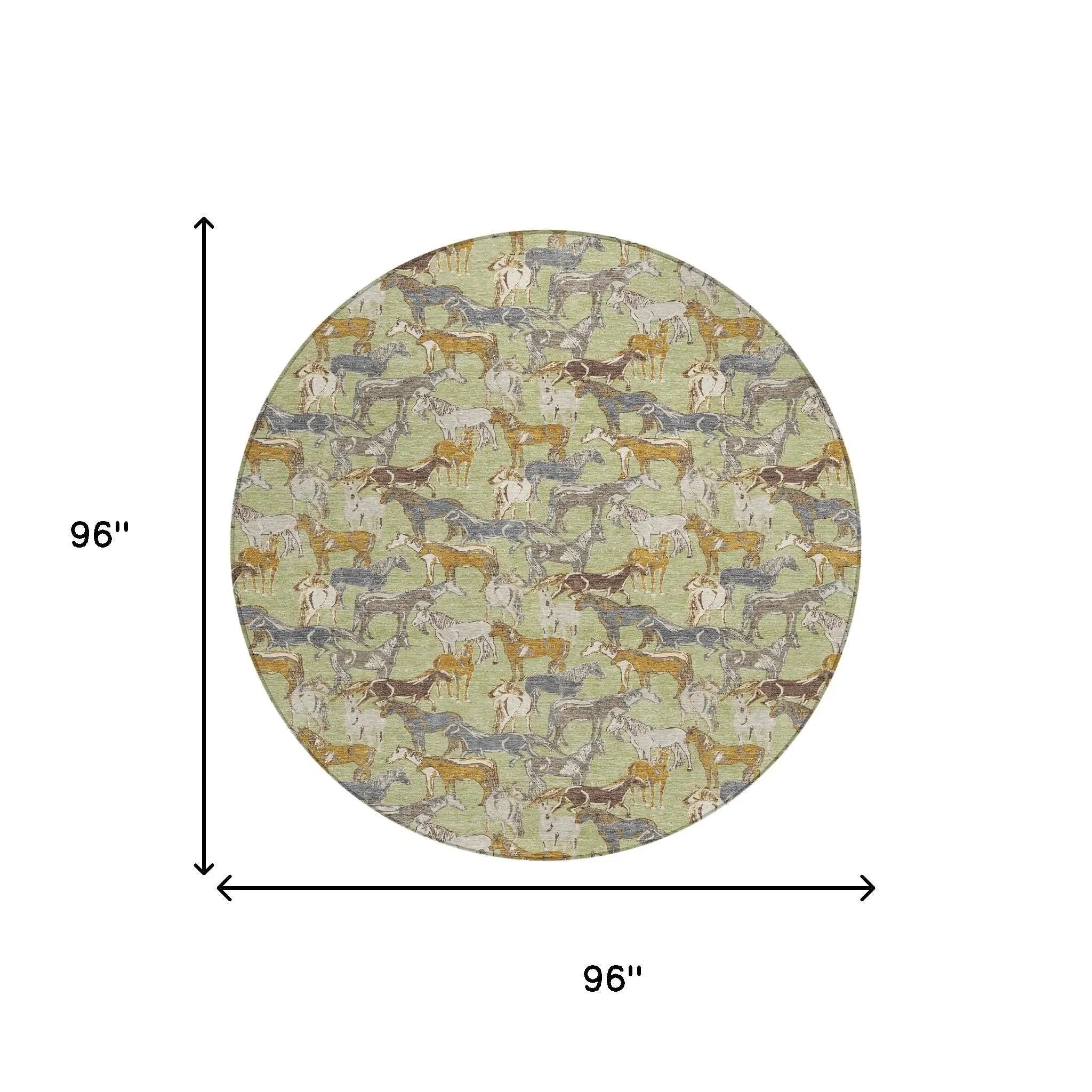 8' Green And Beige Round Horse Washable Indoor Outdoor Area Rug Homeroots Outdoor