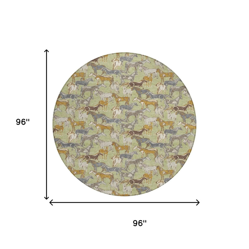 8' Green And Beige Round Horse Washable Indoor Outdoor Area Rug Homeroots Outdoor