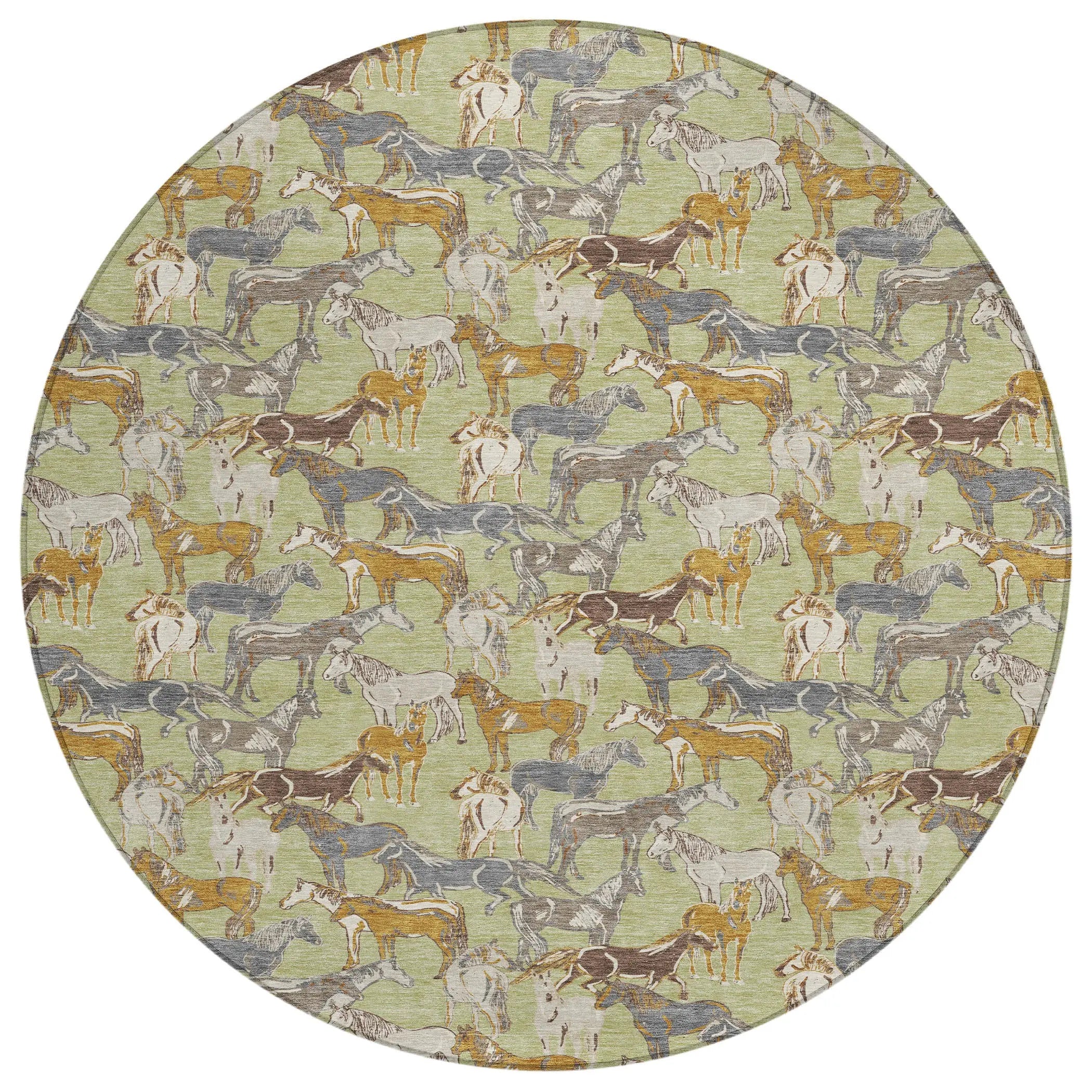 8' Green And Beige Round Horse Washable Indoor Outdoor Area Rug Homeroots Outdoor