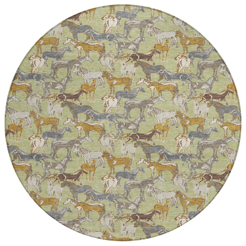 8' Green And Beige Round Horse Washable Indoor Outdoor Area Rug Homeroots Outdoor