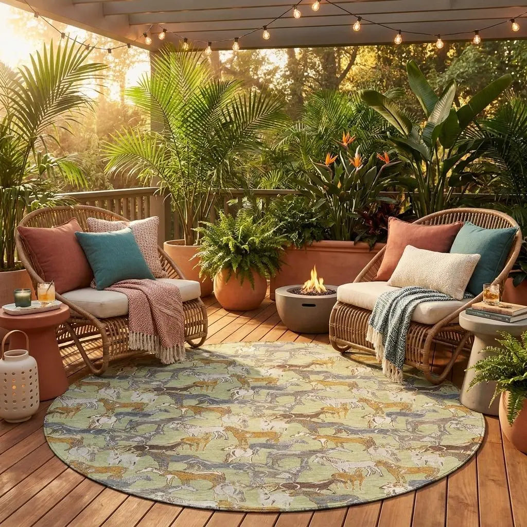 8' Green And Beige Round Horse Washable Indoor Outdoor Area Rug Homeroots Outdoor