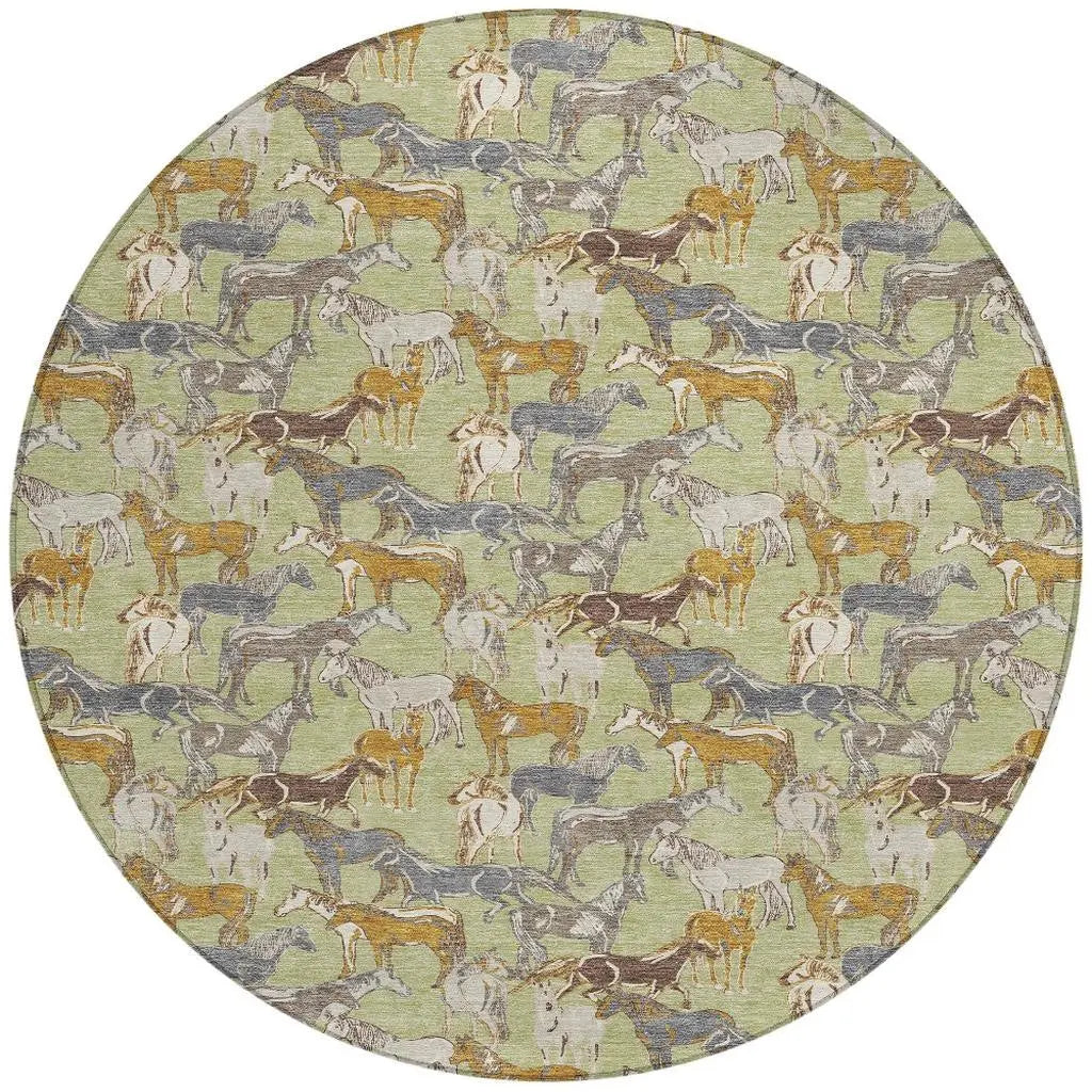 8' Green And Beige Round Horse Washable Indoor Outdoor Area Rug Homeroots Outdoor