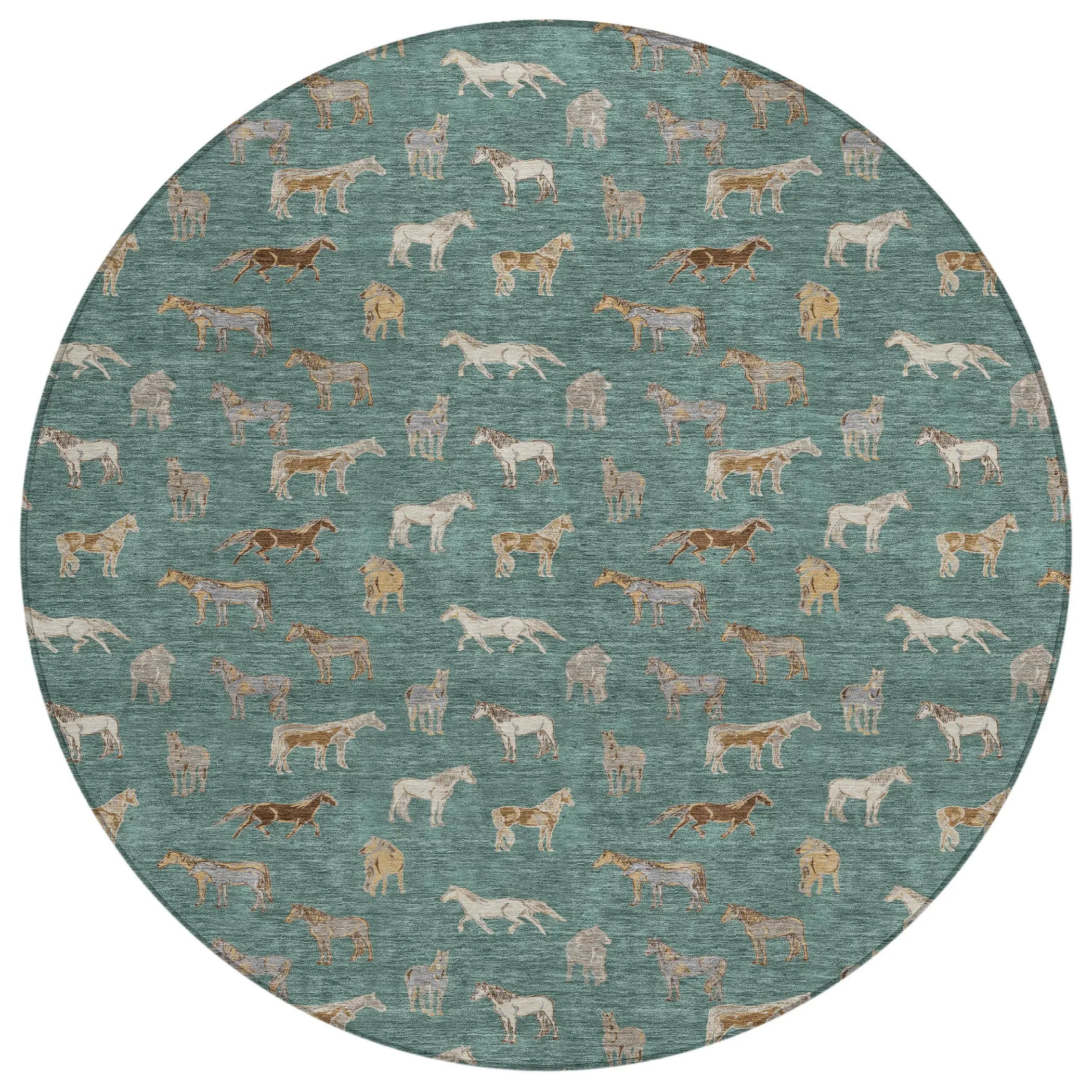 8' Green And Beige Round Horse Washable Indoor Outdoor Area Rug Homeroots Outdoor
