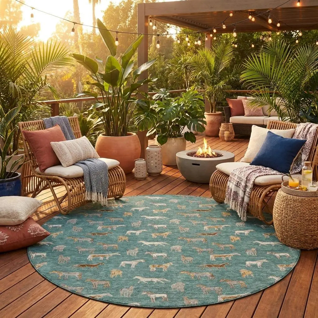 8' Green And Beige Round Horse Washable Indoor Outdoor Area Rug Homeroots Outdoor