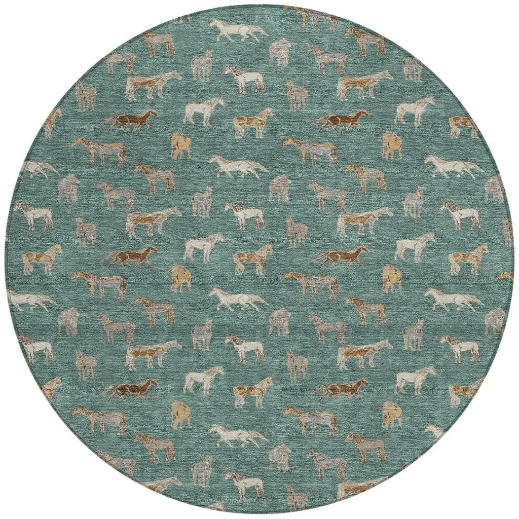 8' Green And Beige Round Horse Washable Indoor Outdoor Area Rug Homeroots Outdoor