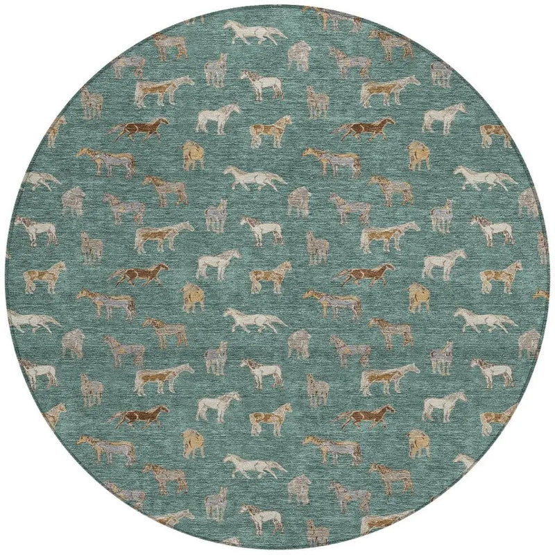 8' Green And Beige Round Horse Washable Indoor Outdoor Area Rug Homeroots Outdoor