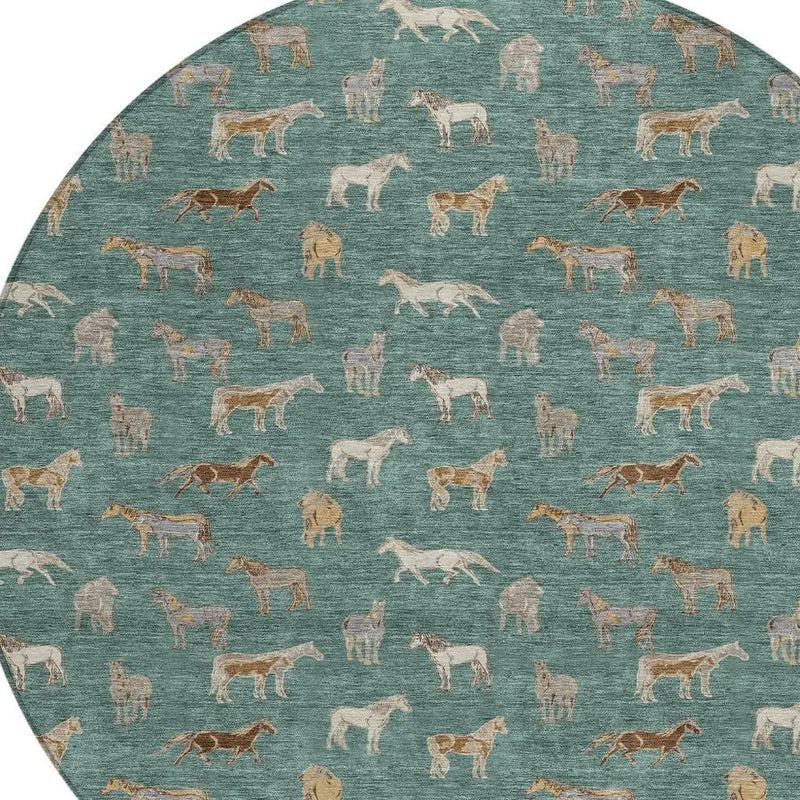 8' Green And Beige Round Horse Washable Indoor Outdoor Area Rug Homeroots Outdoor