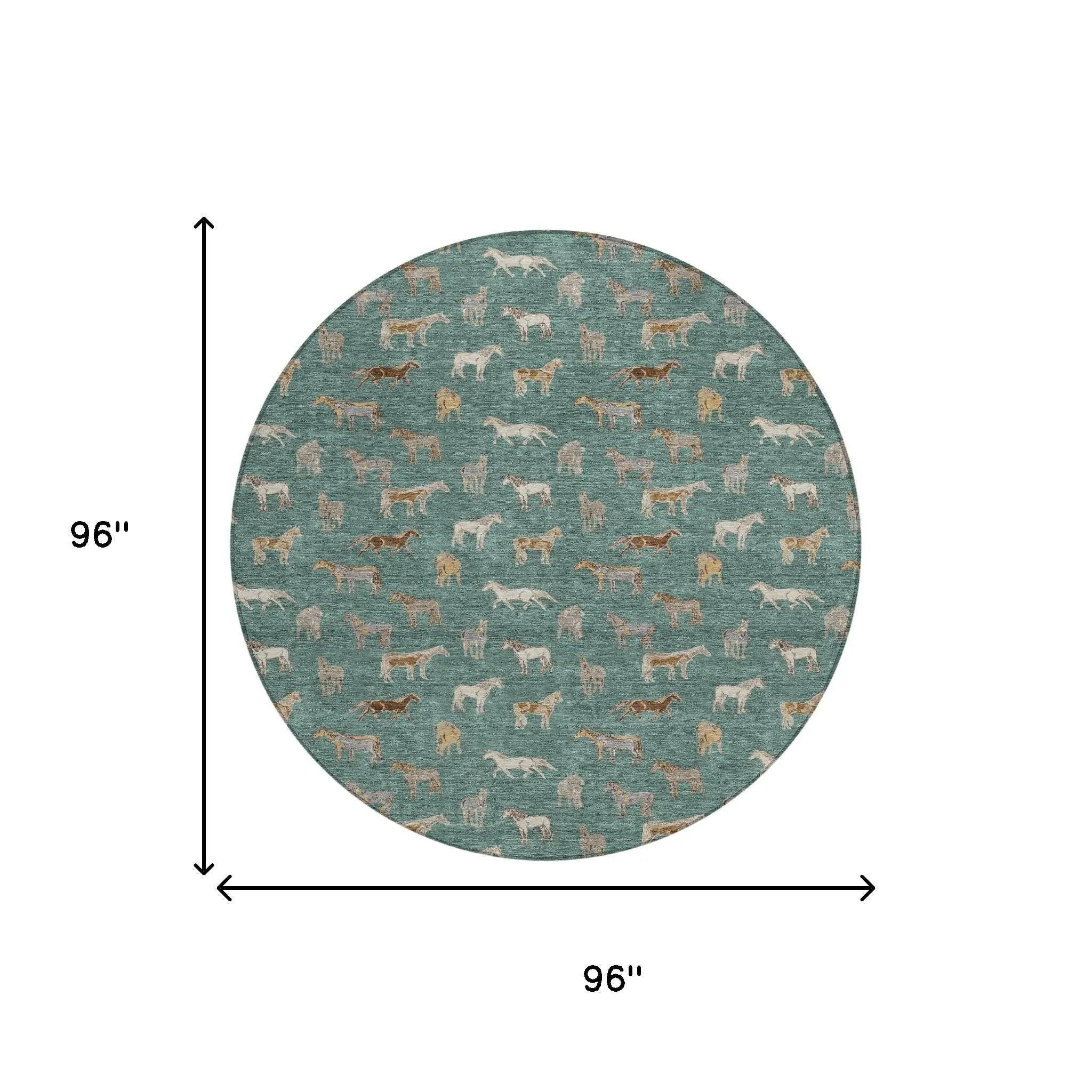 8' Green And Beige Round Horse Washable Indoor Outdoor Area Rug Homeroots Outdoor