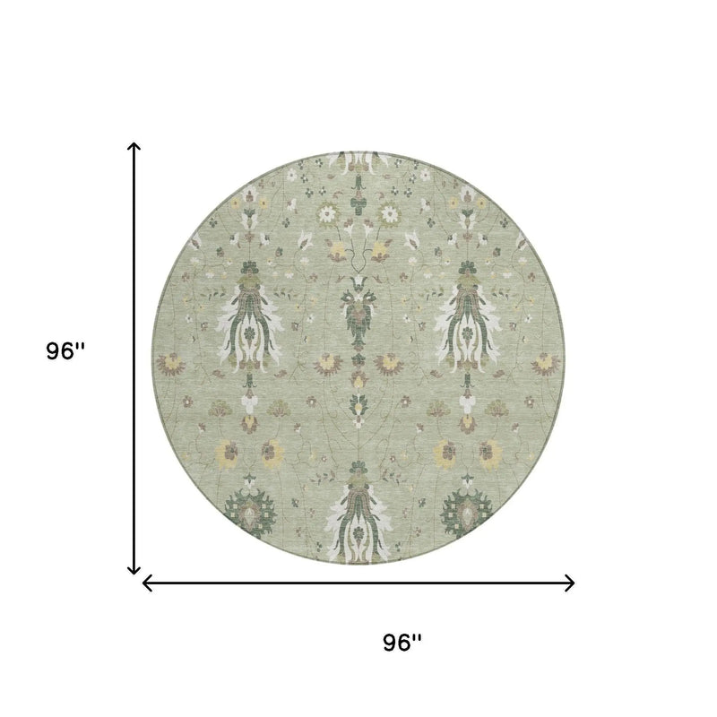 8' Green And Beige Round Oriental Washable Indoor Outdoor Area Rug Homeroots Outdoor