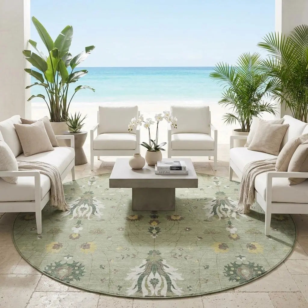 8' Green And Beige Round Oriental Washable Indoor Outdoor Area Rug Homeroots Outdoor