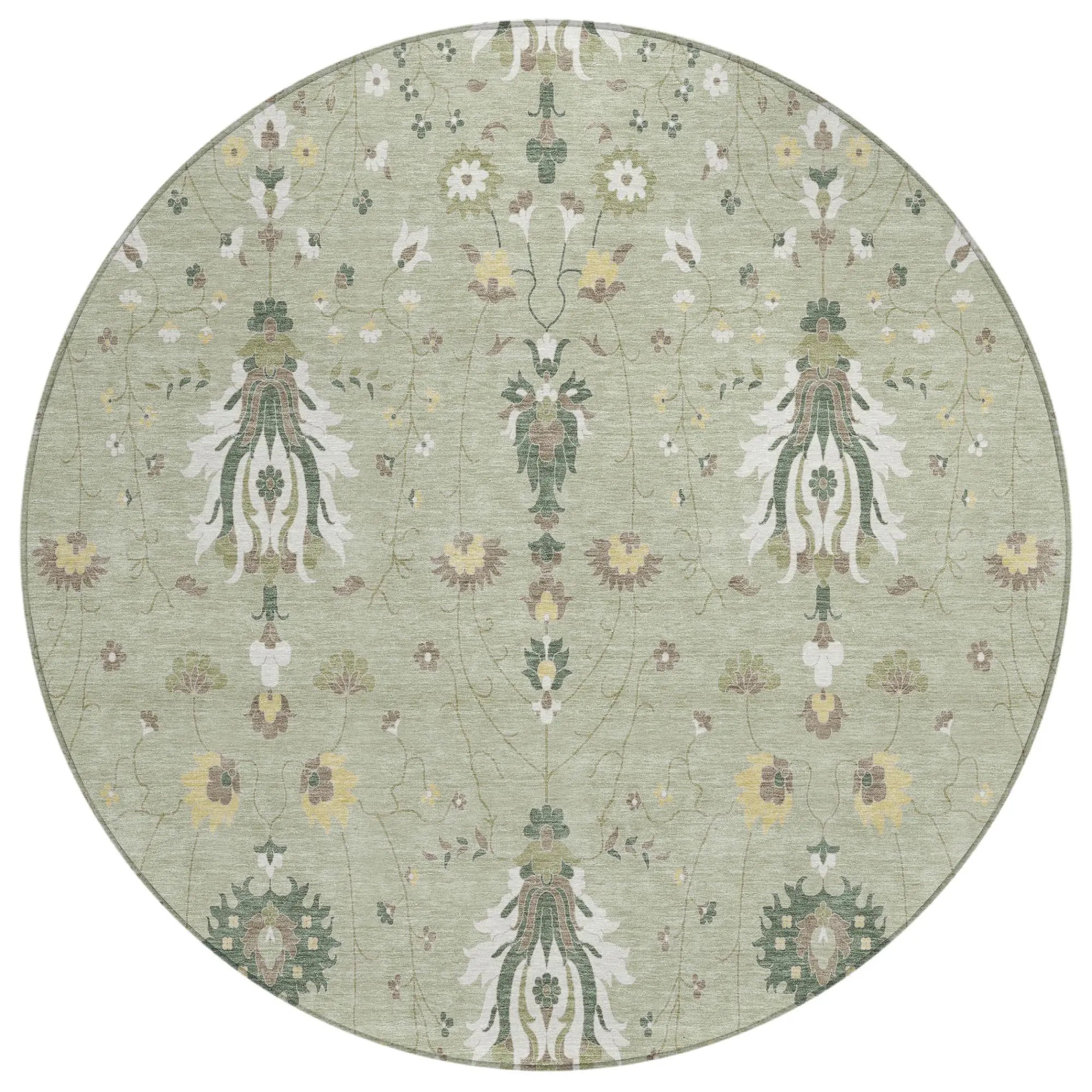 8' Green And Beige Round Oriental Washable Indoor Outdoor Area Rug Homeroots Outdoor