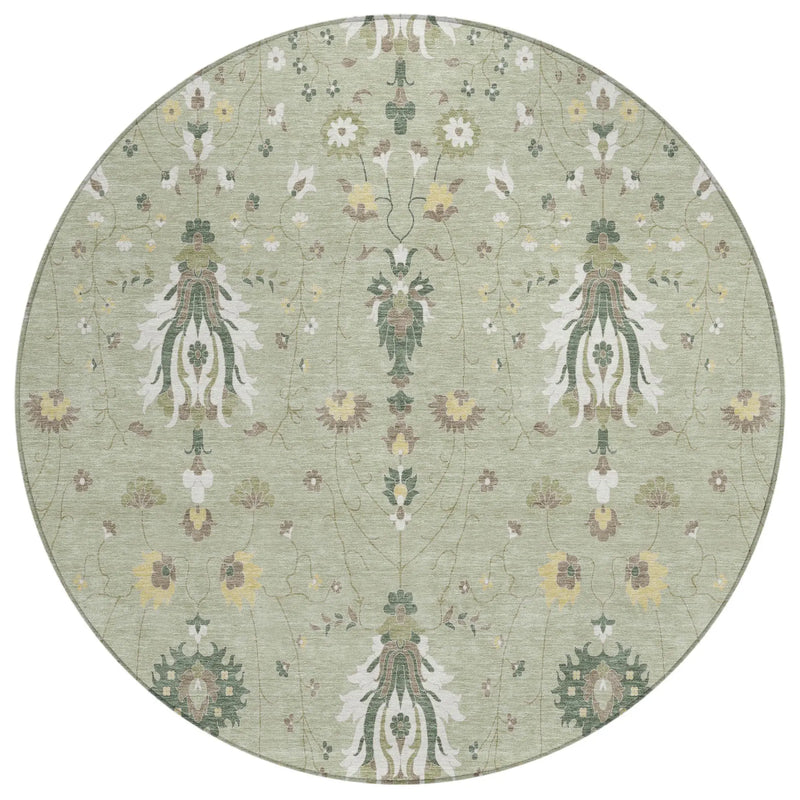 8' Green And Beige Round Oriental Washable Indoor Outdoor Area Rug Homeroots Outdoor